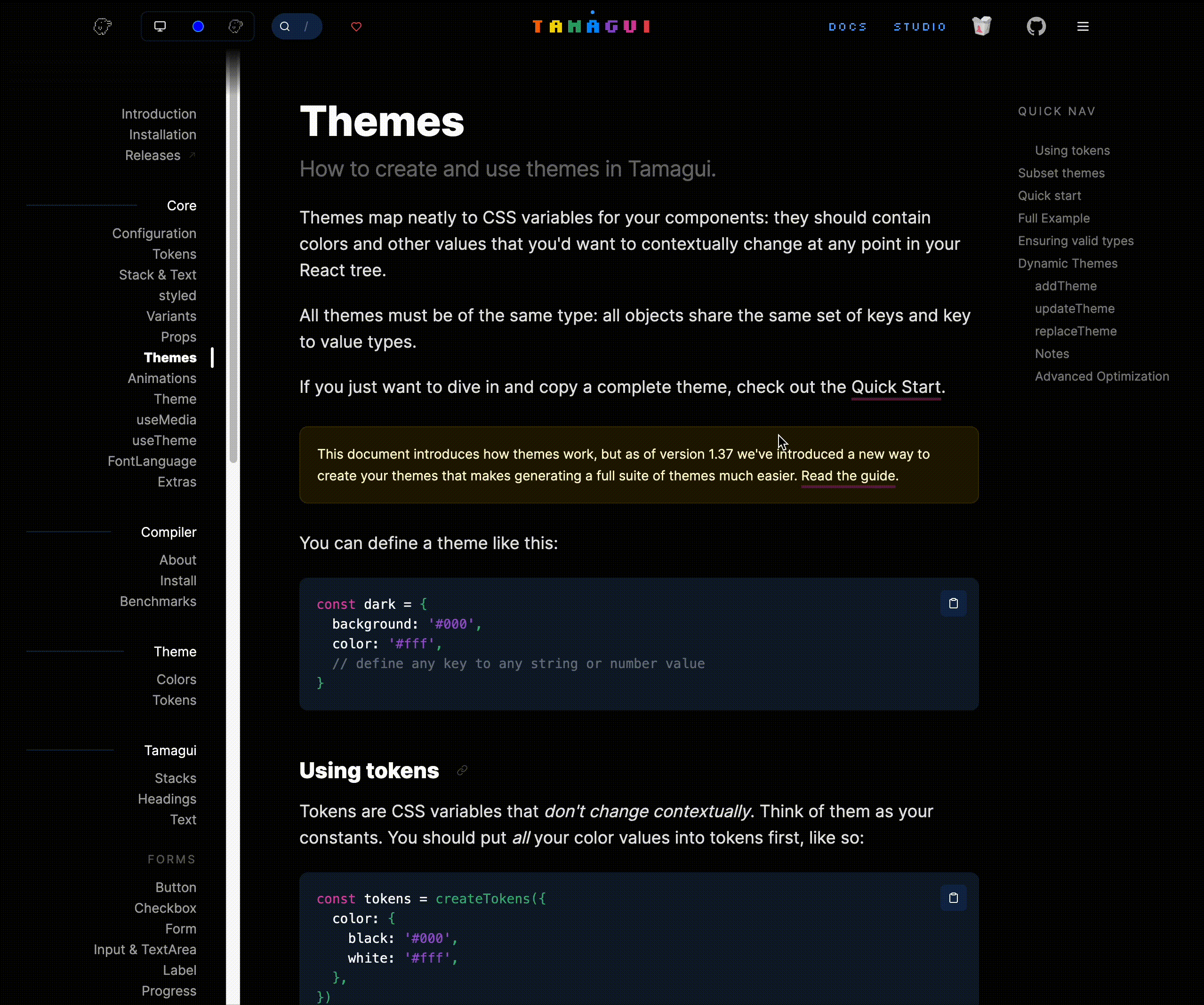 What theming looks like when done correctly using Tamagui. This is a GIF of the tamagui docs website switching themes